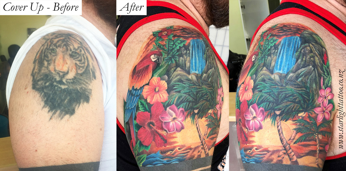 Tropical-tattoo-cover-up-with-bright-florals-and-warm-tones
