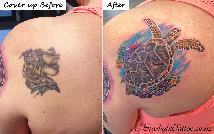 Turtle-tattoo-cover-up-with-flowing-ocean-inspired-shapes